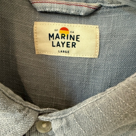 Marine Layer Stretch Salvage Chambray Blue Button Down Shirt Sz L - Picture 5 of 8
